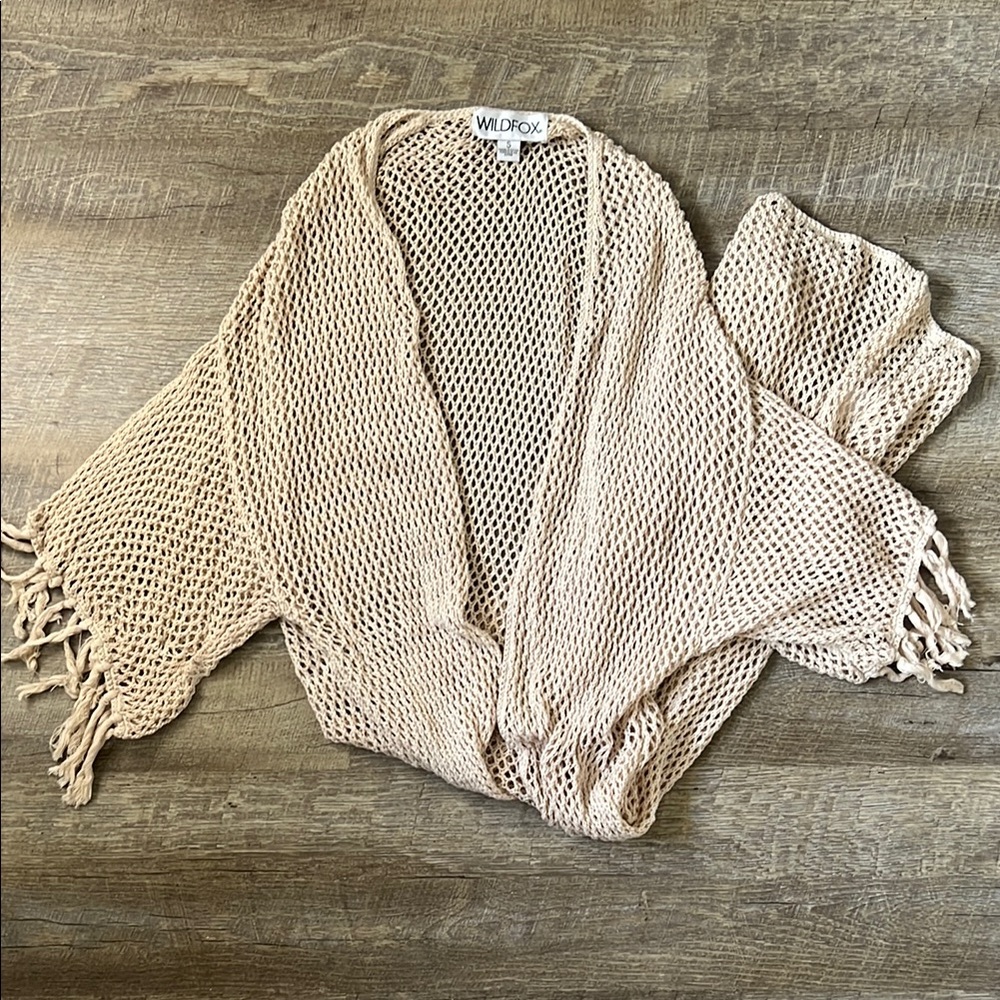 Wildfox Cream Sand Kelso Fringe Sleeve Crochet Long Cardigan Size Small